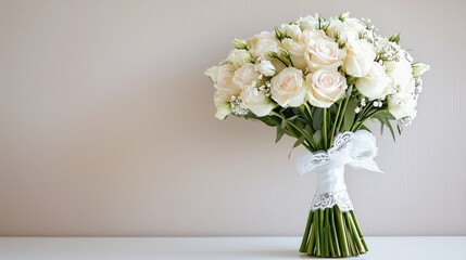 Naklejka premium Elegant wedding bouquet featuring white roses and delicate greenery against a soft background