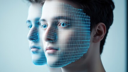 Side profile of a young man with digital facial grid overlay showcasing futuristic deepfake and biometric technology concepts.