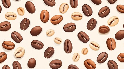 Obraz premium Close up View of Roasted Coffee Beans Scattered on Cream Background