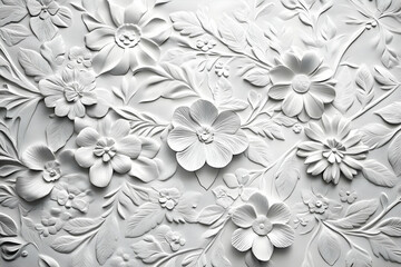 White embossed paper with an intricate floral pattern, textured background, and white wall wallpaper. 
