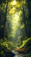 Fototapeta premium Mystical Forest Sanctuary: A Serene Woodland Scene Showcasing Tranquility and the Beauty of Nature's Wonders