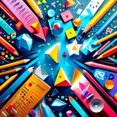 dynamic back to school background with a burst of colorful geometric shapes and symbols representing different academic subjects.
