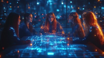 Women collaborate on interactive holographic table in futuristic tech control room