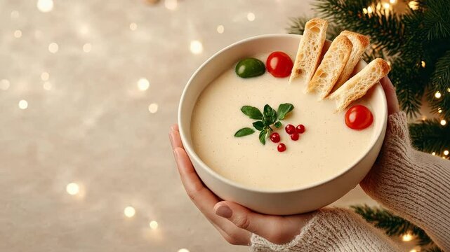 Creamy holiday soup with fresh toppings and breadsticks