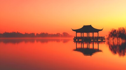 Obraz premium Serene Sunrise Over Calm Lake With Pavilion