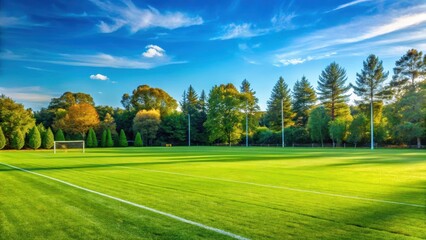 Obraz premium A football field on a sunny day with a blue sky and lush green grass, surrounded by tall trees in the background