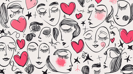  black and white doodle of faces of woman on the fabric, all shapes and sizes, simple, cute, and fun.