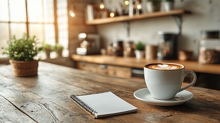 Cozy Coffee Shop Atmosphere: Latte Art and Notebook on Rustic Wooden Table