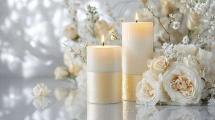 Elegant wedding decor featuring candles and fresh flowers on a white background for a romantic celebration