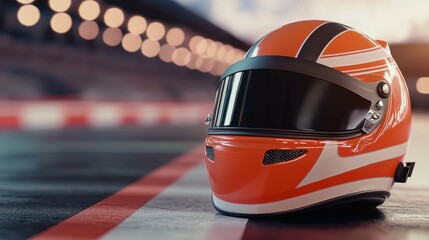 Fototapeta premium Orange Racing Helmet on Track with Blurred Lights in Background for Motorsport and Automotive Themes