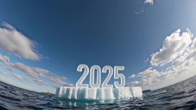 Big ice numbers spelling 2025 on a melting iceberg floating in the sea water in a clear sky landscape