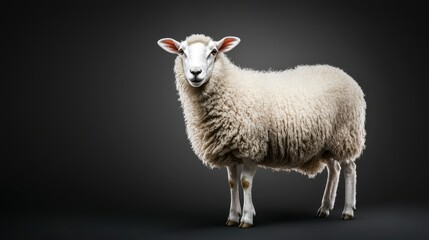 Obraz premium Fluffy white sheep standing on a dark background with soft fur and bright eyes showcasing calm demeanor