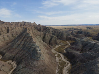 Aerial view of Badlands National Park canyons