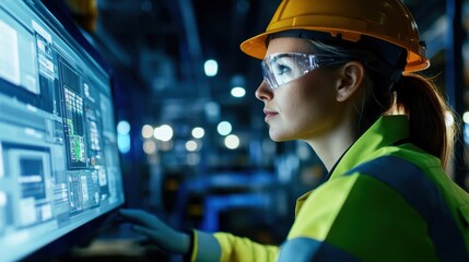 Female industrial engineer wearing safety glasses and hardhat uses computer to monitor and control manufacturing processes in modern factory