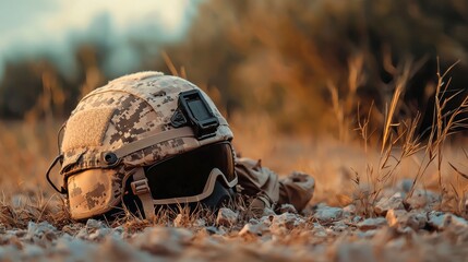 Military helmet resting on ground surrounded by dry grass and rocks under natural daylight