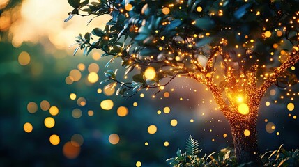 Magical Tree Glowing With Enchanting Lights At Dusk