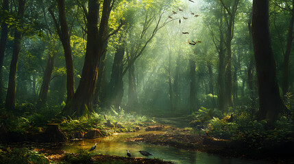 Obraz premium Mystical Forest Sanctuary: A Serene Woodland Scene Showcasing Tranquility and the Beauty of Nature's Wonders