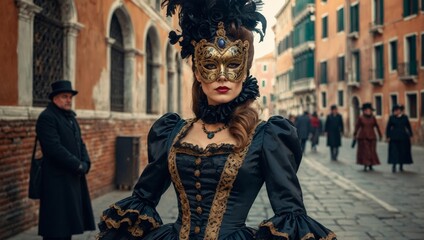 woman in vintage Victorian dress and lace carnival mask in Venice
