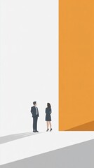 Two business professionals discussing in front of an orange wall. Concepts: business, office, work, discussion, teamwork