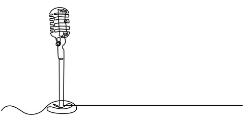 A line of podcast and music microphones. Vintage old microphone in simple linear style for banner music, news, webinar, online training. Doodle vector illustration, Continuous one single line drawing.