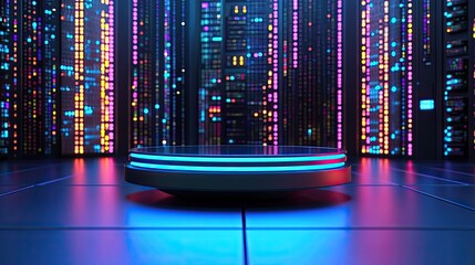 Obraz premium Illuminated Platform Before Server Racks Showing Data Processing