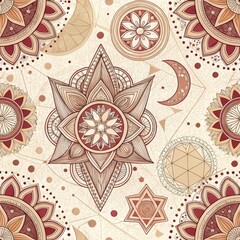 Seamless Pattern Intricate Mandala Floral Design Beige and Red Hues Mystical Geometric Art