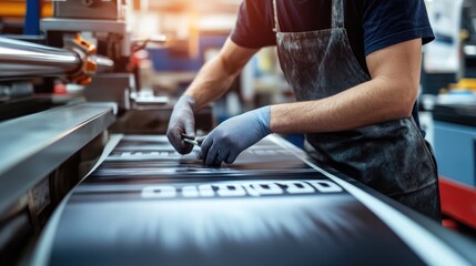 Worker inspecting large format printing process