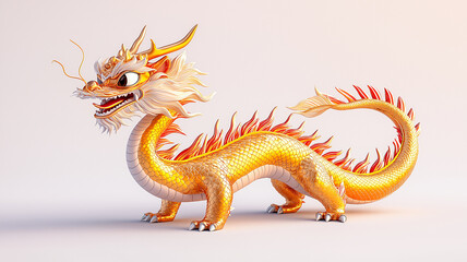 Obraz premium cute golden dragon with fierce expression, featuring vibrant scales and fiery accents, stands against white background, showcasing its intricate details and charm