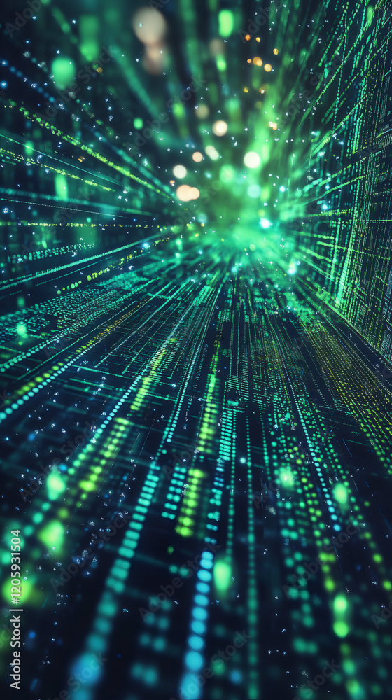Poster creating a mesmerizing green digital tunnel effect, light trails intertwine with flowing binary code