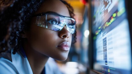 Dedicated scientist wearing safety goggles is carefully reviewing data displayed on a computer screen, likely monitoring a production line in a modern, high tech manufacturing facility