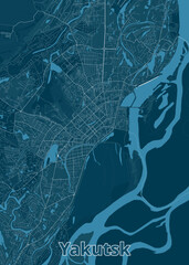 A detailed map of Yakutsk, Russia, rendered in shades of blue. The map highlights the city's layout, showcasing its streets, roads, and waterways.