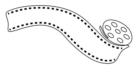 One continuous line drawing of film reel with long tape. Retro old movie and cinema roll, Continuous one line drawing cinema film strip. Vintage cinema element isolated on a white background. Vector. 
