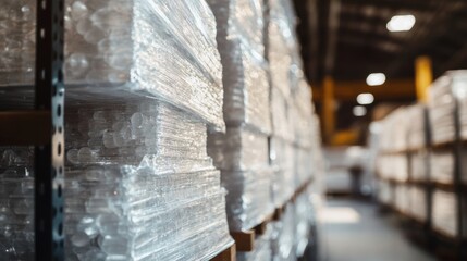 Stacks of plastic products wrapped in plastic film sit on warehouse shelves, ready for distribution, showcasing the scale of manufacturing and storage operations
