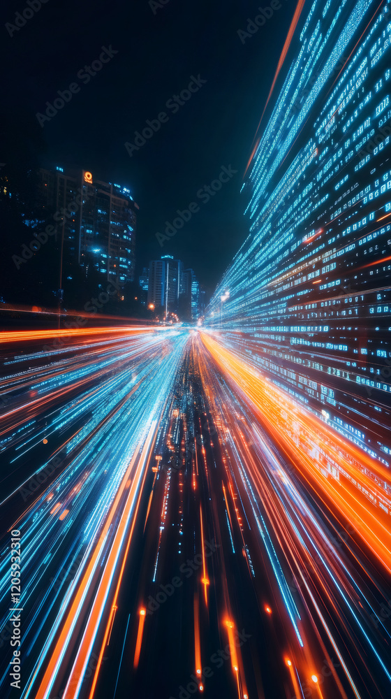 Leinwandbilder illuminated buildings in a futuristic cityscape showcase vibrant light trails and flowing binary cod