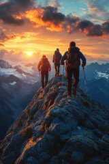 Fototapeta premium hikers silhouetted at a mountain summit during sunset, making it perfect for outdoor campaigns promoting teamwork and accomplishment.