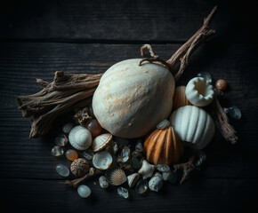 Natural treasures gathered from the shore, showcasing a stunning collection of sea shells and stones in soft, warm light