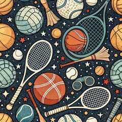 Obraz premium Colorful Seamless Pattern of Retro Sport Equipment and Balls Tennis Baseball Basketball Volleyball