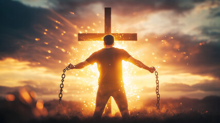 man breaking free from chains in front of glowing cross at sunset, symbolizing liberation and hope. scene evokes powerful emotional expression of freedom and faith