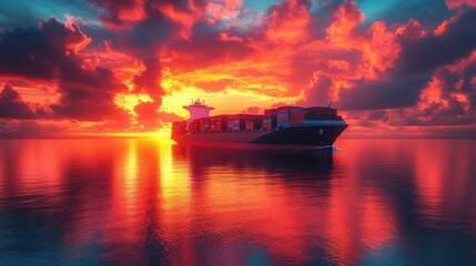 Naklejka premium A cargo ship sailing on calm waters during a vibrant sunset, reflecting colorful skies.