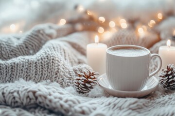 Cozy Coffee Setting. Soft Candles and Warm Knit Blanket for Comfort. Winter still life. White ceramic cup, candlelight. Hot beverage on window sill. Christmas home. Woolen knitted sweater, burn candle