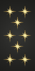 The collection of radiant eight-pointed stars with sharp, groups of symmetrical golden edges against a dark background.