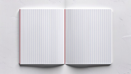 Open notebook with blank pages on white background