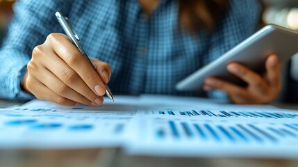 Fototapeta premium Close-up of woman's hands analyzing financial data on papers and tablet.