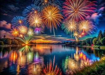Fireworks explode over calm river at night, reflecting vibrant colors in the water.