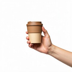 Hand Holding Disposable Coffee Cup Against White Background