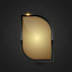 A sleek, modern emblem featuring a curved gold shield-like shape with a glossy finish, outlined by...