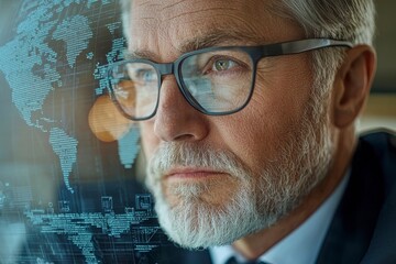 Thoughtful businessman analyzing global data trends with digital overlay and city map in modern office environment