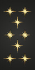The collection of radiant eight-pointed stars with sharp, groups of symmetrical golden edges against a dark background.