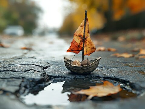 suburban street, pothole filled with water, a small nutshell with a sail made from an autumn leaf, ship of theseus style, stop motion animation, focus on the ship 