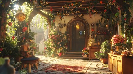 Sunlit Courtyard Entrance with Floral Decor and a Wooden Arched Doorway
